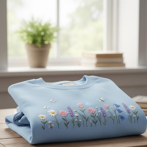 Wildflower Embroidered Sweatshirt Pastel Floral Cozy Cottagecore Pullover Nature Lover Gift