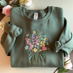 Floral Embroidered Sweatshirt: Wildflower Bouquet, Cottagecore Style