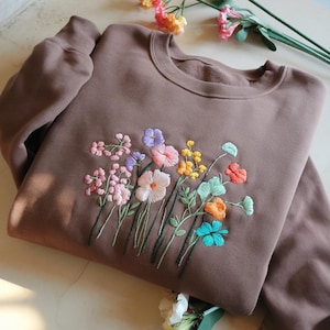 Floral Embroidered Sweatshirt: Wildflower Bouquet, Cottagecore Style