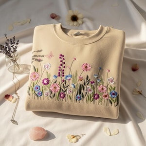 Embroidered Wildflower Garden Sweatshirt with Colorful Floral Design