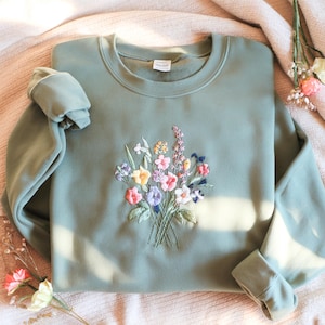 Floral Embroidered Sweatshirt: Wildflower Bouquet, Cottagecore Style