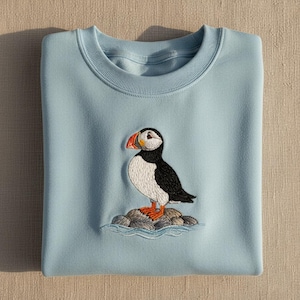 Embroidered Puffin Sweatshirt, Cute Atlantic Bird Crewneck, Wildlife Lover Gift, Custom Birdwatcher Top, Ocean Animal Shirt