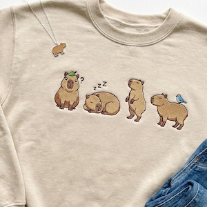Cute Capybara Embroidered Sweatshirt – Cozy Kawaii Animal Sweater, Nature Lover Gift, Animal Wildlife Crewneck Embroidery